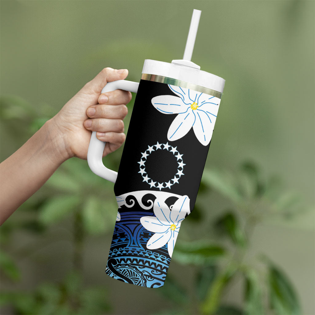 Cook Islands Maori Language Week Tumbler With Handle Tiare Maori Kuki Airani Blue Pattern