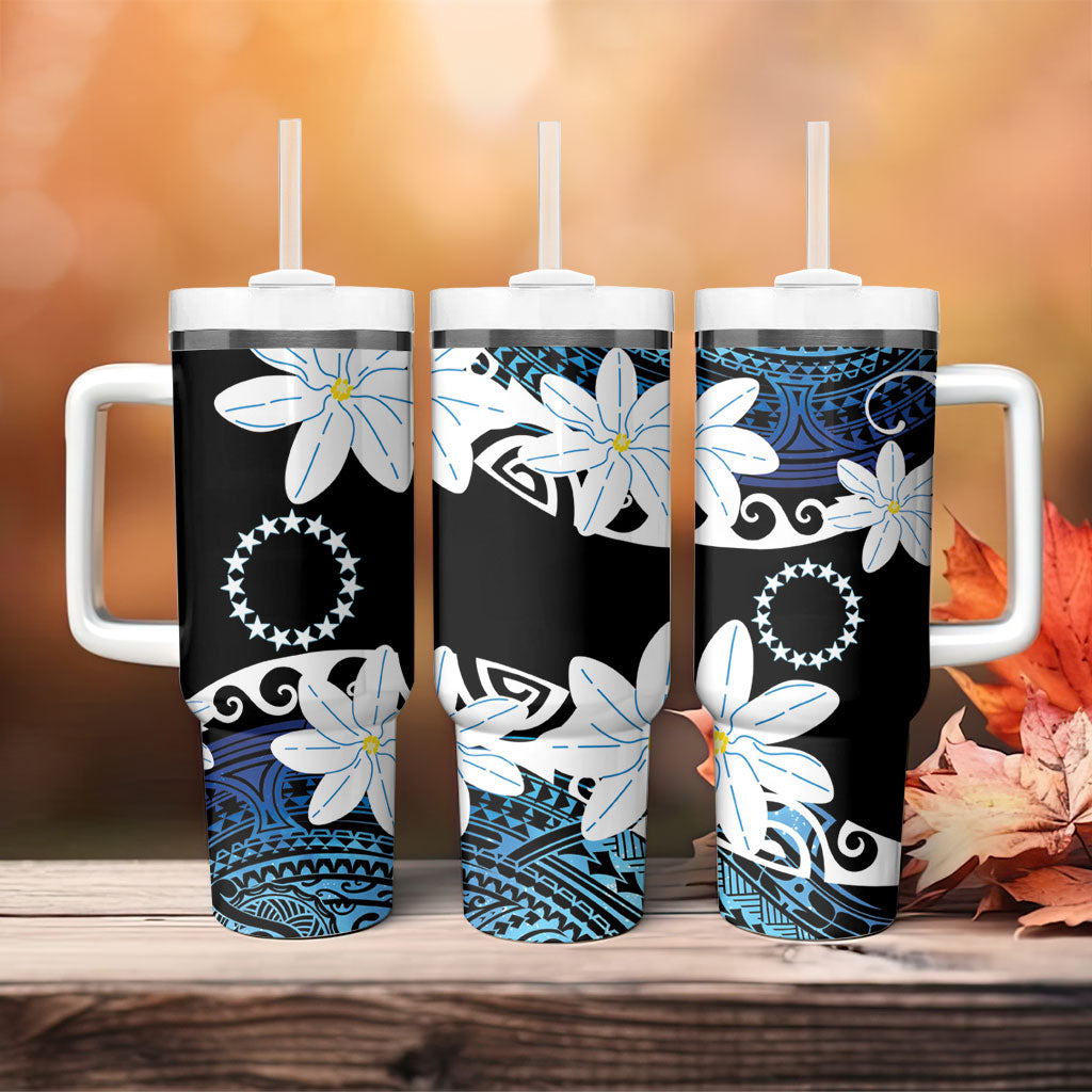 Cook Islands Maori Language Week Tumbler With Handle Tiare Maori Kuki Airani Blue Pattern