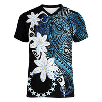 Cook Islands Maori Language Week Women V-Neck T-Shirt Tiare Maori Kuki Airani Blue Pattern