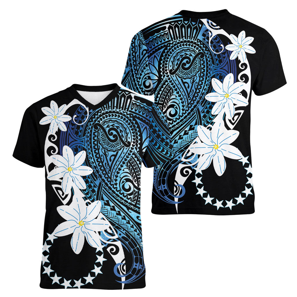 Cook Islands Maori Language Week Women V-Neck T-Shirt Tiare Maori Kuki Airani Blue Pattern