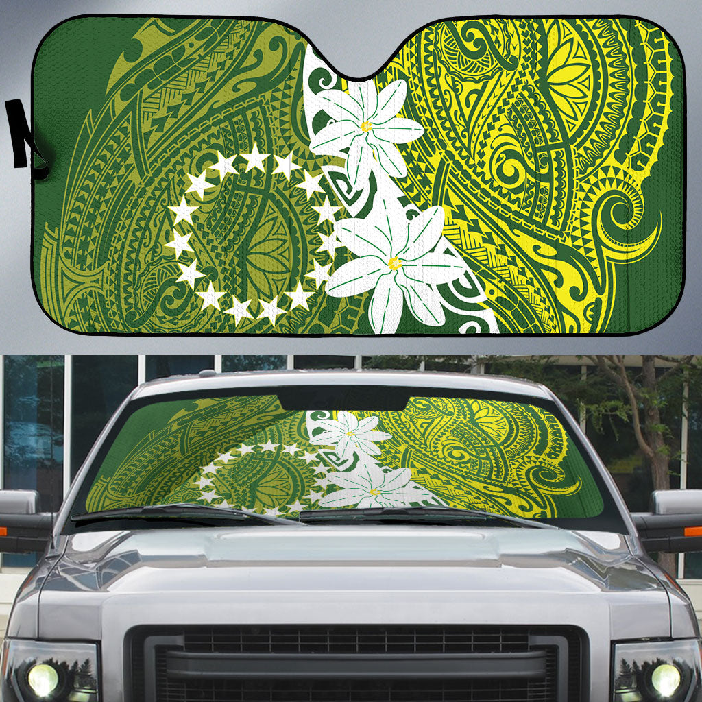 Cook Islands Maori Language Week Auto Sun Shade Tiare Maori Kuki Airani Green Pattern LT22 Green - Polynesian Pride