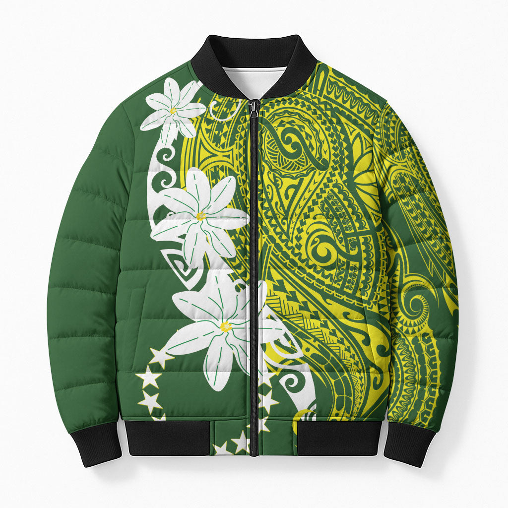 Cook Islands Maori Language Week Bomber Puffer Jacket Tiare Maori Kuki Airani Green Pattern