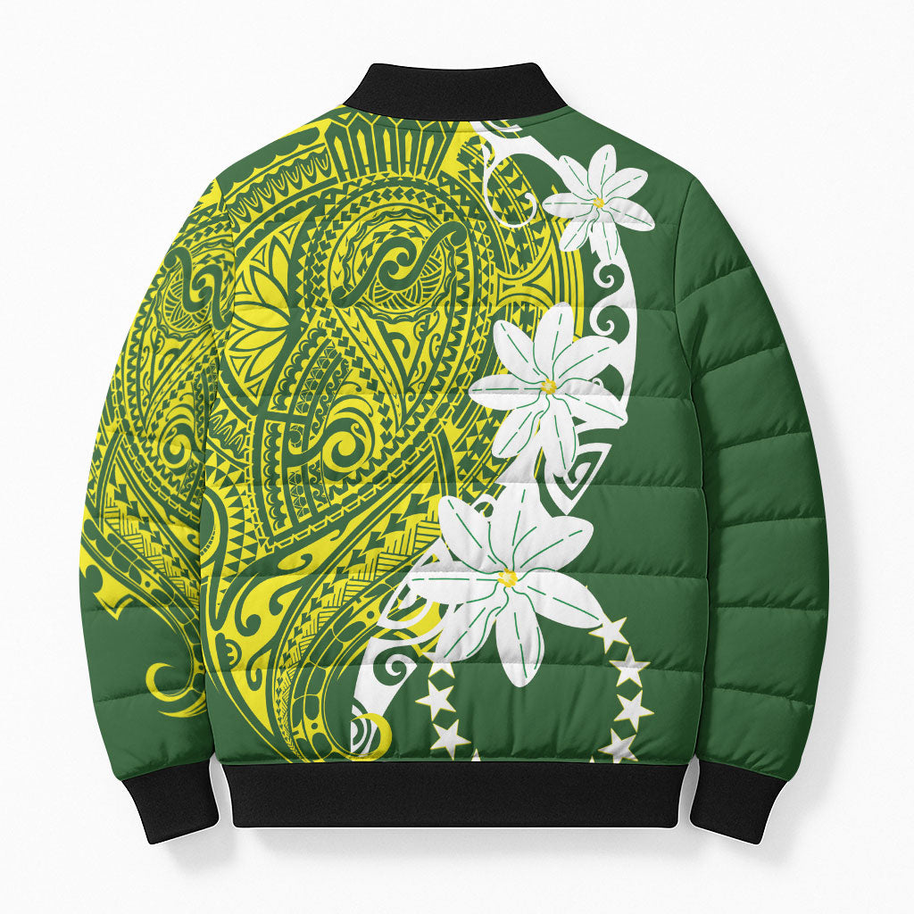Cook Islands Maori Language Week Bomber Puffer Jacket Tiare Maori Kuki Airani Green Pattern