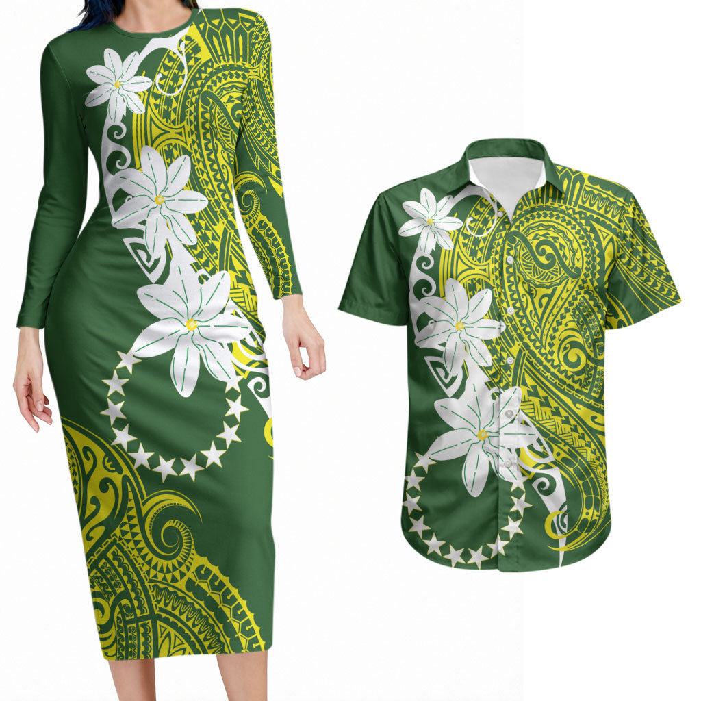 Cook Islands Maori Language Week Couples Matching Long Sleeve Bodycon Dress and Hawaiian Shirt Tiare Maori Kuki Airani Green Pattern