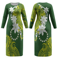 Cook Islands Maori Language Week Couples Matching Long Sleeve Bodycon Dress and Hawaiian Shirt Tiare Maori Kuki Airani Green Pattern