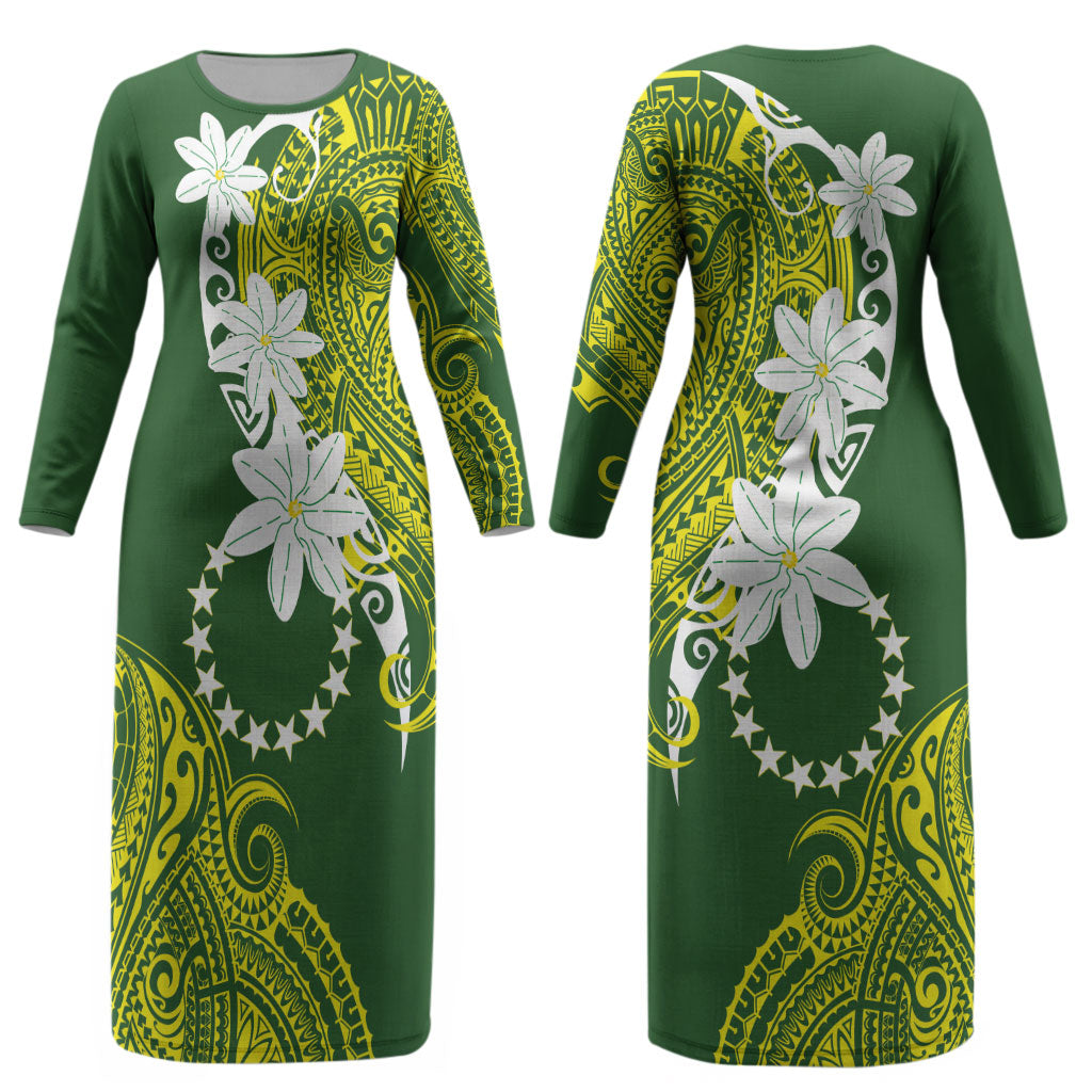 Cook Islands Maori Language Week Couples Matching Long Sleeve Bodycon Dress and Long Sleeve Button Shirt Tiare Maori Kuki Airani Green Pattern LT22 - Polynesian Pride