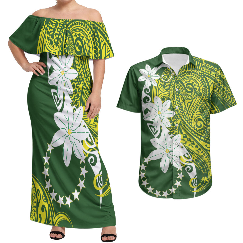 Cook Islands Maori Language Week Couples Matching Off Shoulder Maxi Dress and Hawaiian Shirt Tiare Maori Kuki Airani Green Pattern LT22 Green - Polynesian Pride