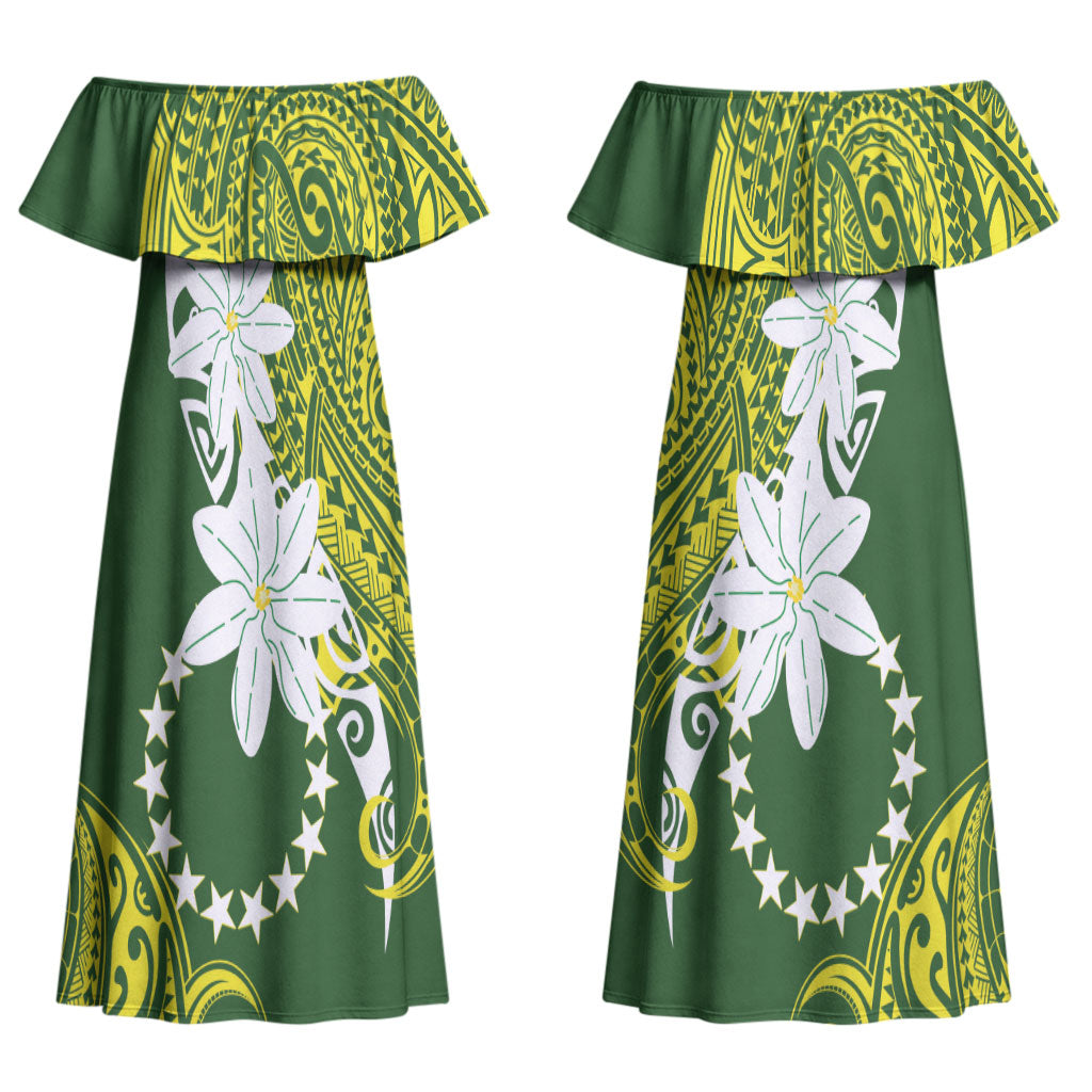 Cook Islands Maori Language Week Couples Matching Off Shoulder Maxi Dress and Hawaiian Shirt Tiare Maori Kuki Airani Green Pattern LT22 - Polynesian Pride