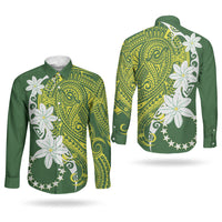 Cook Islands Maori Language Week Couples Matching Off Shoulder Maxi Dress and Long Sleeve Button Shirt Tiare Maori Kuki Airani Green Pattern LT22 - Polynesian Pride