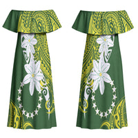 Cook Islands Maori Language Week Couples Matching Off Shoulder Maxi Dress and Long Sleeve Button Shirt Tiare Maori Kuki Airani Green Pattern LT22 - Polynesian Pride