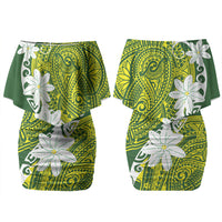 Cook Islands Maori Language Week Couples Matching Off Shoulder Short Dress and Long Sleeve Button Shirt Tiare Maori Kuki Airani Green Pattern