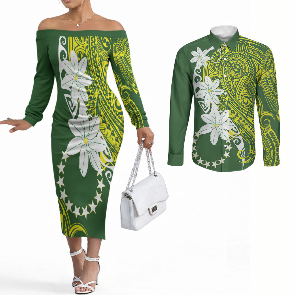 Cook Islands Maori Language Week Couples Matching Off The Shoulder Long Sleeve Dress and Long Sleeve Button Shirt Tiare Maori Kuki Airani Green Pattern LT22 Green - Polynesian Pride
