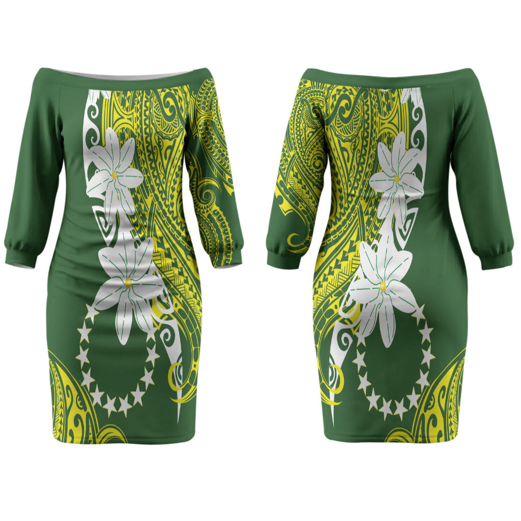 Cook Islands Maori Language Week Couples Matching Off The Shoulder Long Sleeve Dress and Long Sleeve Button Shirt Tiare Maori Kuki Airani Green Pattern LT22 - Polynesian Pride
