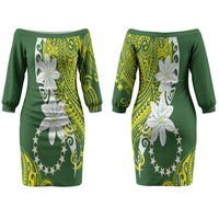 Cook Islands Maori Language Week Couples Matching Off The Shoulder Long Sleeve Dress and Long Sleeve Button Shirt Tiare Maori Kuki Airani Green Pattern LT22 - Polynesian Pride
