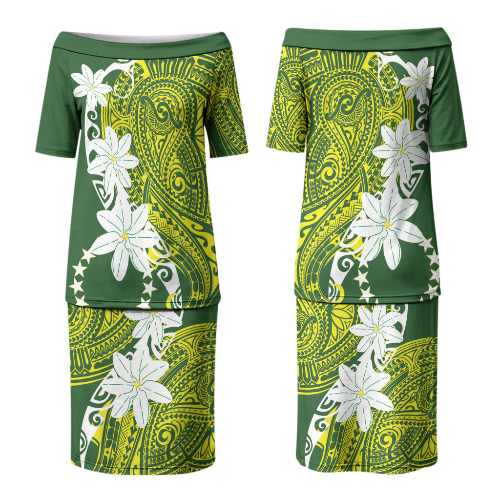 Cook Islands Maori Language Week Couples Matching Puletasi and Hawaiian Shirt Tiare Maori Kuki Airani Green Pattern