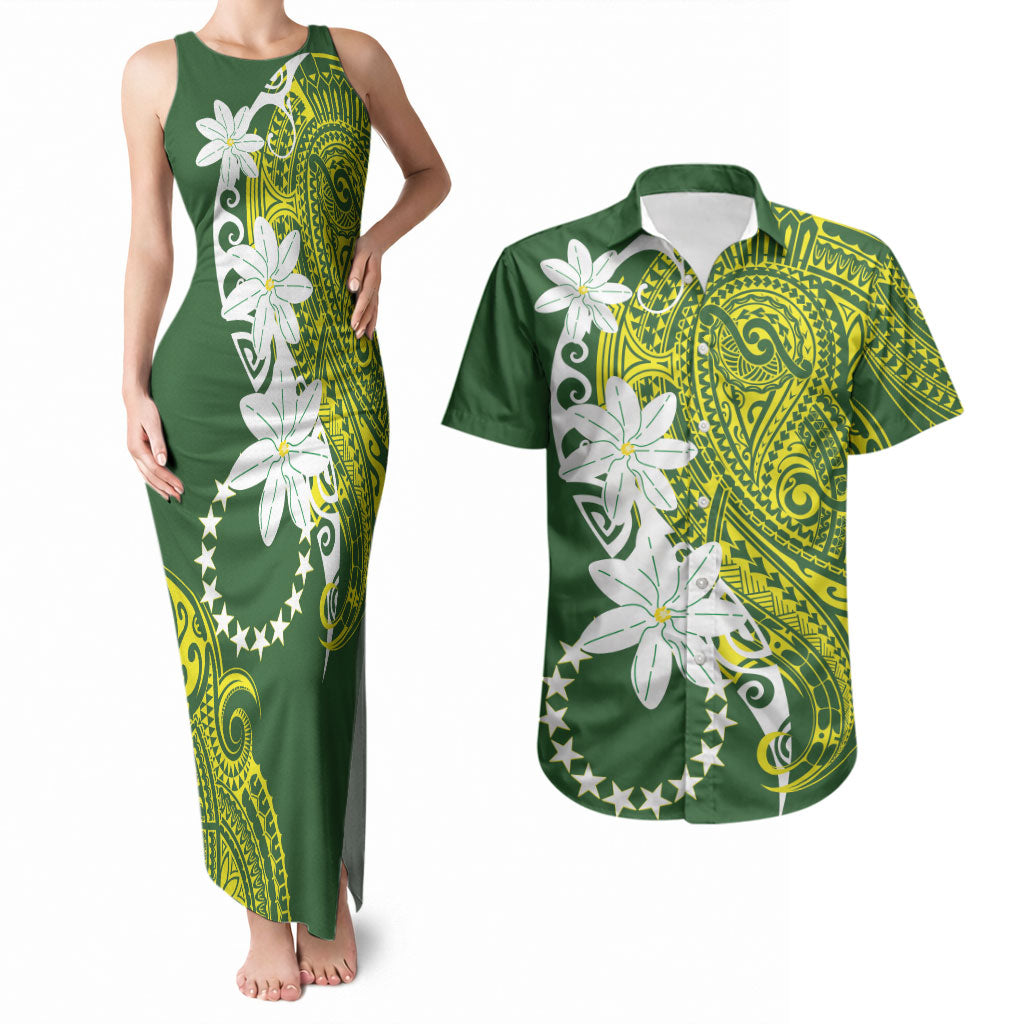 Cook Islands Maori Language Week Couples Matching Tank Maxi Dress and Hawaiian Shirt Tiare Maori Kuki Airani Green Pattern LT22 Green - Polynesian Pride