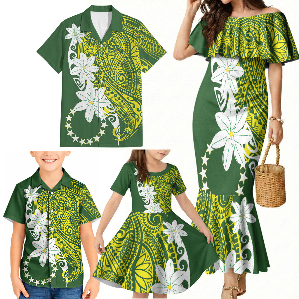 Cook Islands Maori Language Week Family Matching Mermaid Dress and Hawaiian Shirt Tiare Maori Kuki Airani Green Pattern