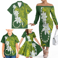 Cook Islands Maori Language Week Family Matching Off The Shoulder Long Sleeve Dress and Hawaiian Shirt Tiare Maori Kuki Airani Green Pattern LT22 - Polynesian Pride