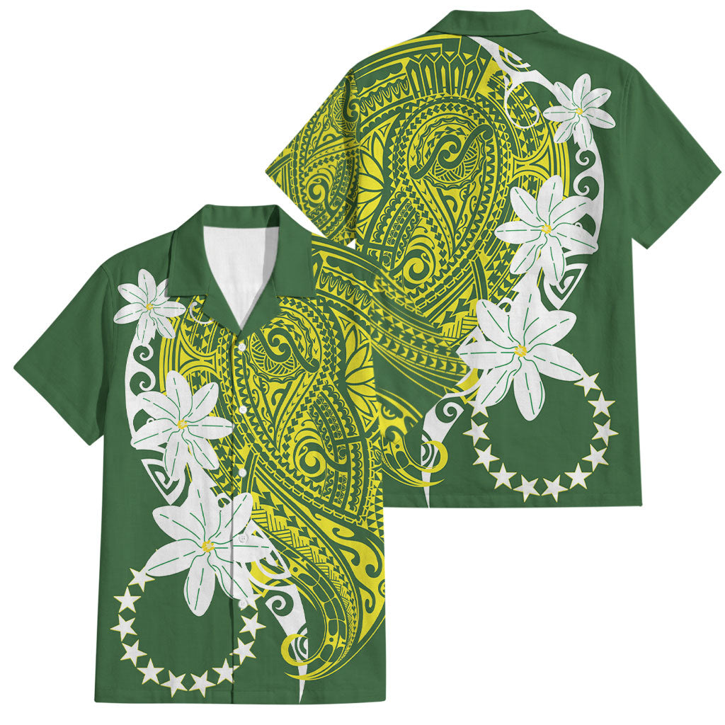 Cook Islands Maori Language Week Family Matching Off The Shoulder Long Sleeve Dress and Hawaiian Shirt Tiare Maori Kuki Airani Green Pattern LT22 Dad's Shirt - Short Sleeve Green - Polynesian Pride