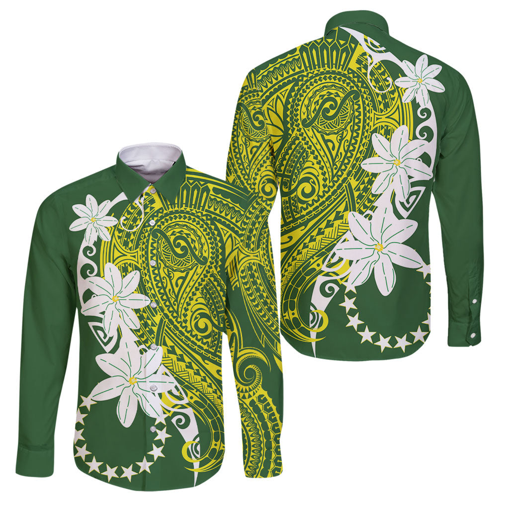 Cook Islands Maori Language Week Family Matching Off The Shoulder Long Sleeve Dress and Hawaiian Shirt Tiare Maori Kuki Airani Green Pattern LT22 Dad's Shirt - Long Sleeve Green - Polynesian Pride