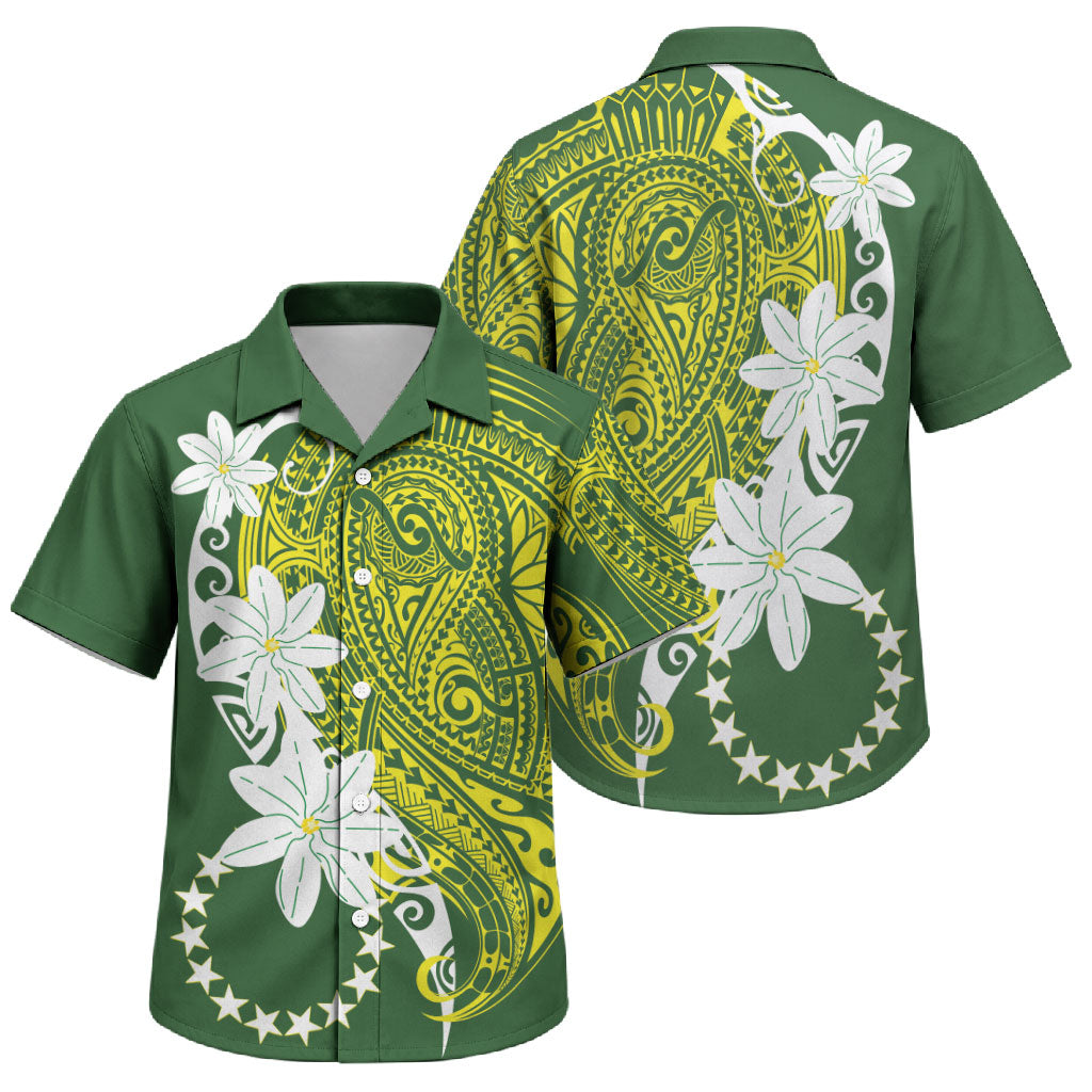Cook Islands Maori Language Week Family Matching Off The Shoulder Long Sleeve Dress and Hawaiian Shirt Tiare Maori Kuki Airani Green Pattern LT22 Son's Shirt Green - Polynesian Pride