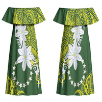 Cook Islands Maori Language Week Family Matching Off Shoulder Maxi Dress and Hawaiian Shirt Tiare Maori Kuki Airani Green Pattern LT22 Mom's Dress Green - Polynesian Pride