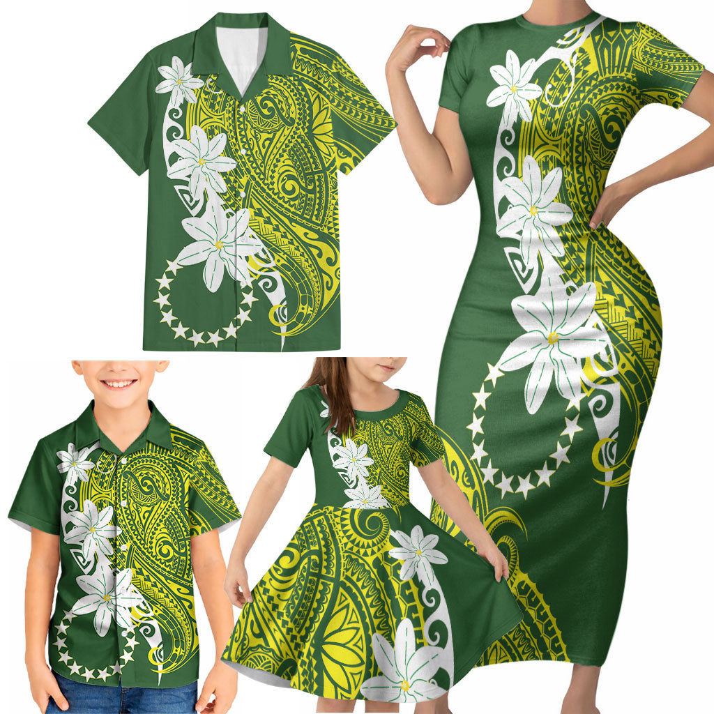 Cook Islands Maori Language Week Family Matching Short Sleeve Bodycon Dress and Hawaiian Shirt Tiare Maori Kuki Airani Green Pattern LT22 - Polynesian Pride