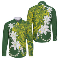 Cook Islands Maori Language Week Family Matching Tank Maxi Dress and Hawaiian Shirt Tiare Maori Kuki Airani Green Pattern LT22 Dad's Shirt - Long Sleeve Green - Polynesian Pride
