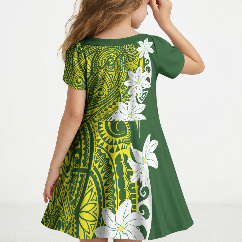 Cook Islands Maori Language Week Kid Short Sleeve Dress Tiare Maori Kuki Airani Green Pattern