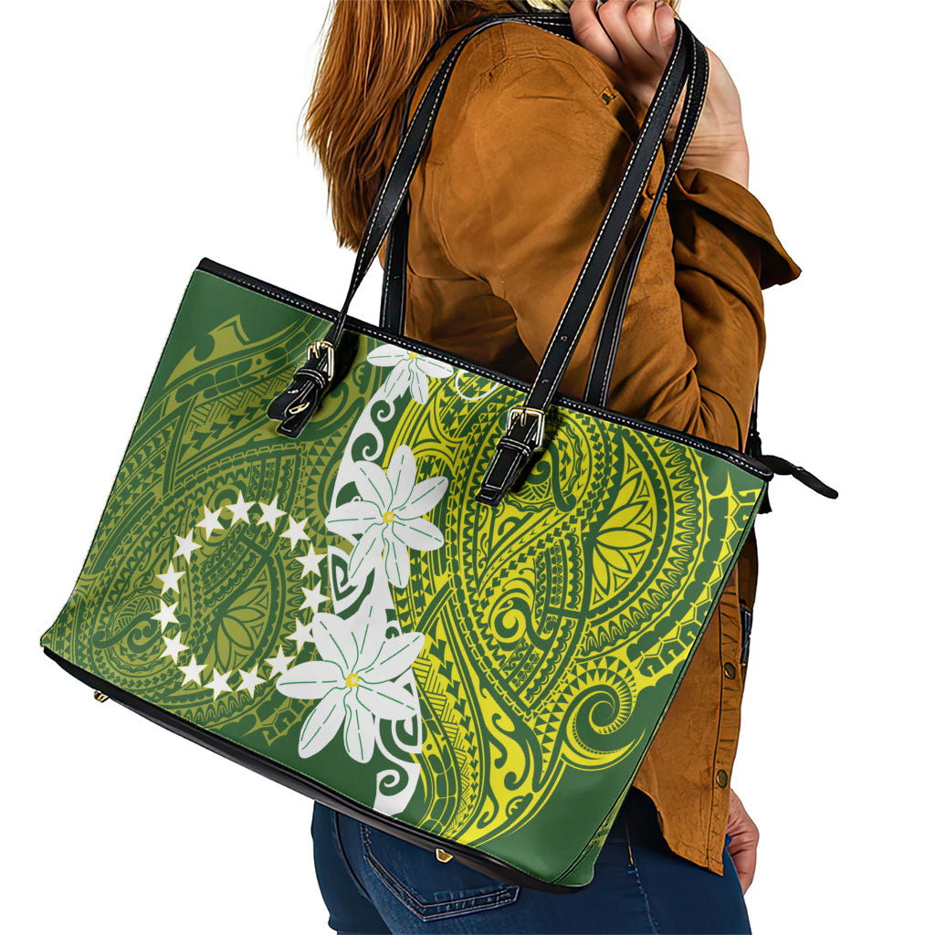 Cook Islands Maori Language Week Leather Tote Bag Tiare Maori Kuki Airani Green Pattern