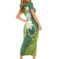 Cook Islands Maori Language Week Short Sleeve Bodycon Dress Tiare Maori Kuki Airani Green Pattern LT22 - Polynesian Pride