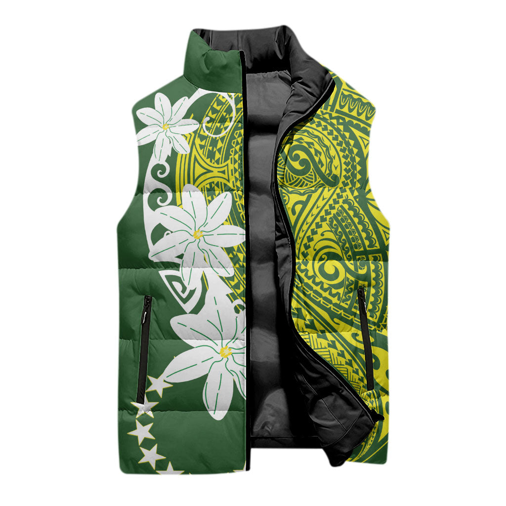 Cook Islands Maori Language Week Sleeveless Puffer Jacket Tiare Maori Kuki Airani Green Pattern