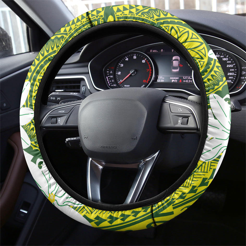Cook Islands Maori Language Week Steering Wheel Cover Tiare Maori Kuki Airani Green Pattern