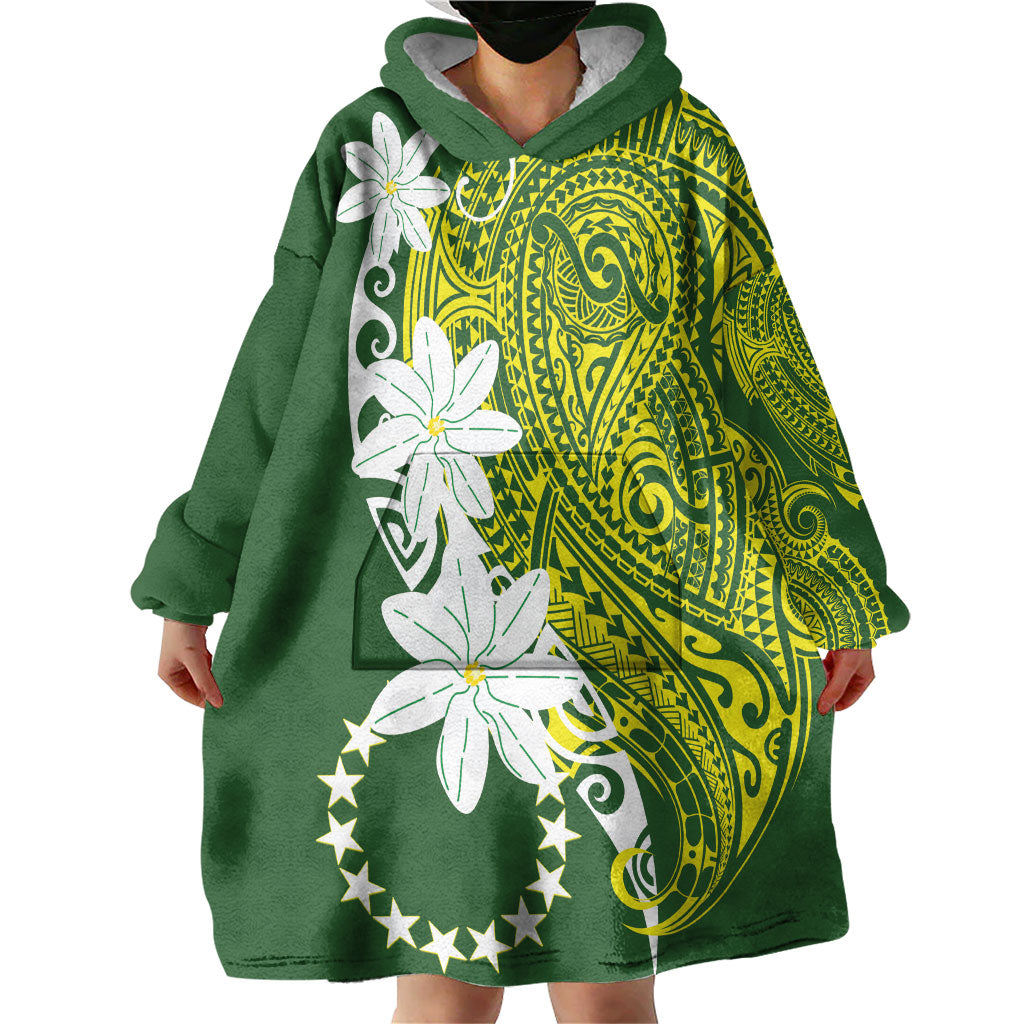 Cook Islands Maori Language Week Wearable Blanket Hoodie Tiare Maori Kuki Airani Green Pattern