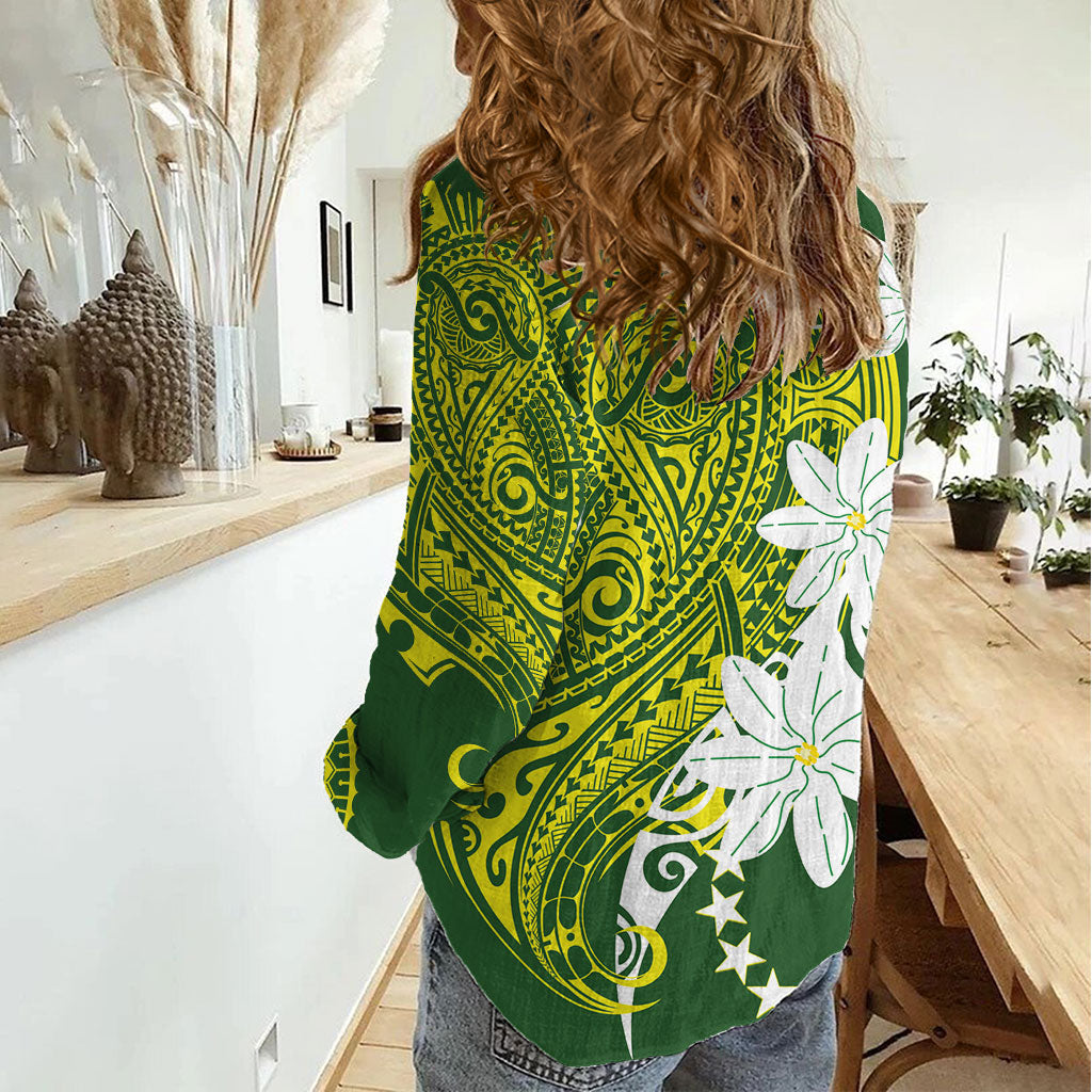 Cook Islands Maori Language Week Women Casual Shirt Tiare Maori Kuki Airani Green Pattern LT22 - Polynesian Pride