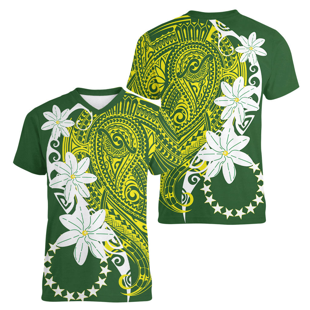 Cook Islands Maori Language Week Women V-Neck T-Shirt Tiare Maori Kuki Airani Green Pattern