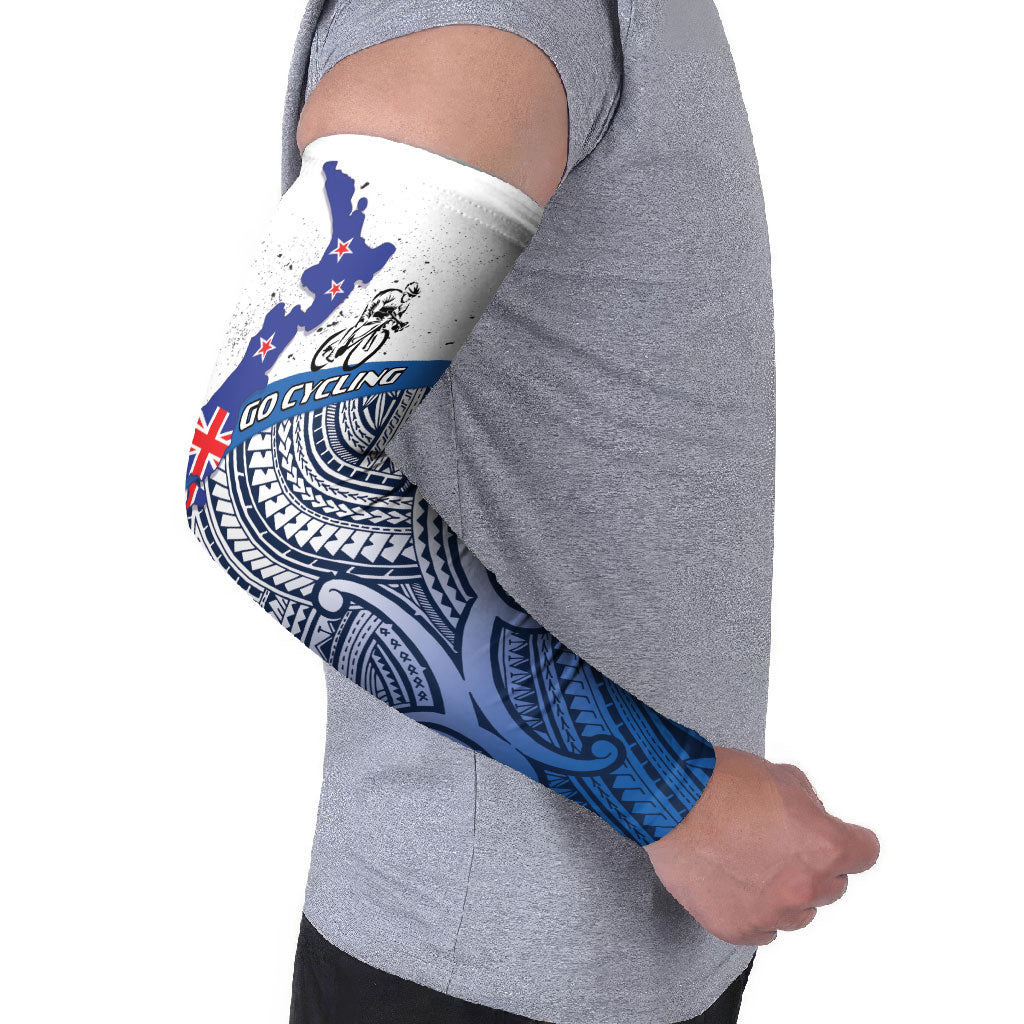 Personalised Cycling New Zealand Arm Sleeves Aotearoa Map Fern Maori Pattern