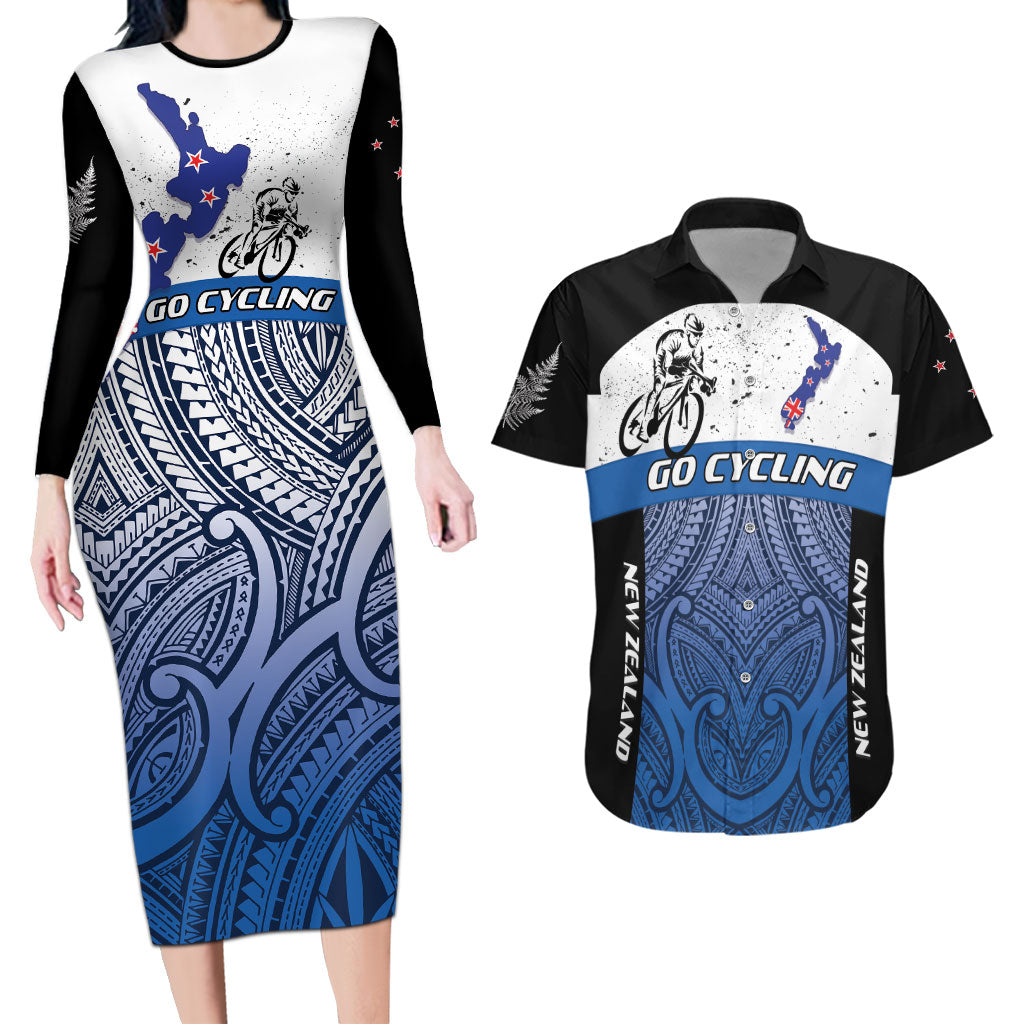 Personalised Cycling New Zealand Couples Matching Long Sleeve Bodycon Dress and Hawaiian Shirt Aotearoa Map Fern Maori Pattern LT22 Blue - Polynesian Pride