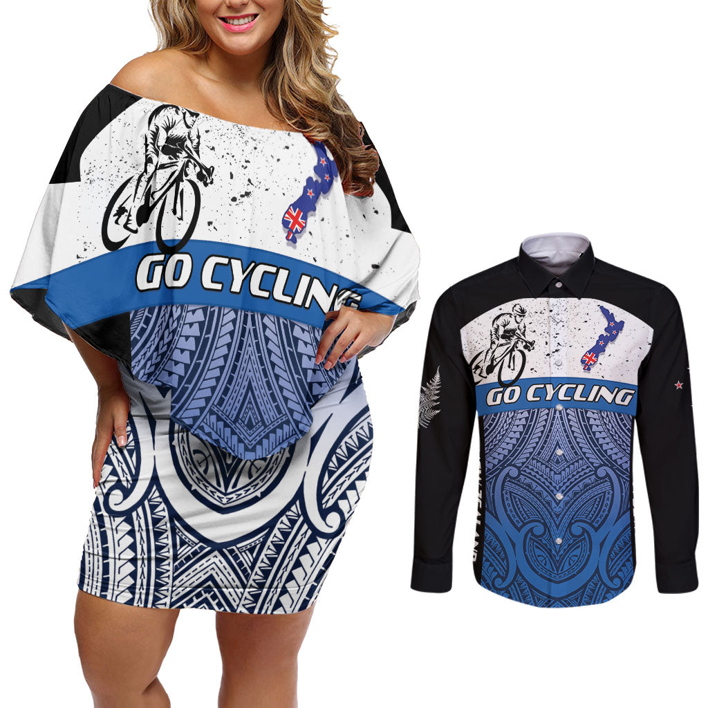 Personalised Cycling New Zealand Couples Matching Off Shoulder Short Dress and Long Sleeve Button Shirt Aotearoa Map Fern Maori Pattern