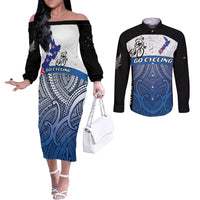 Personalised Cycling New Zealand Couples Matching Off The Shoulder Long Sleeve Dress and Long Sleeve Button Shirt Aotearoa Map Fern Maori Pattern