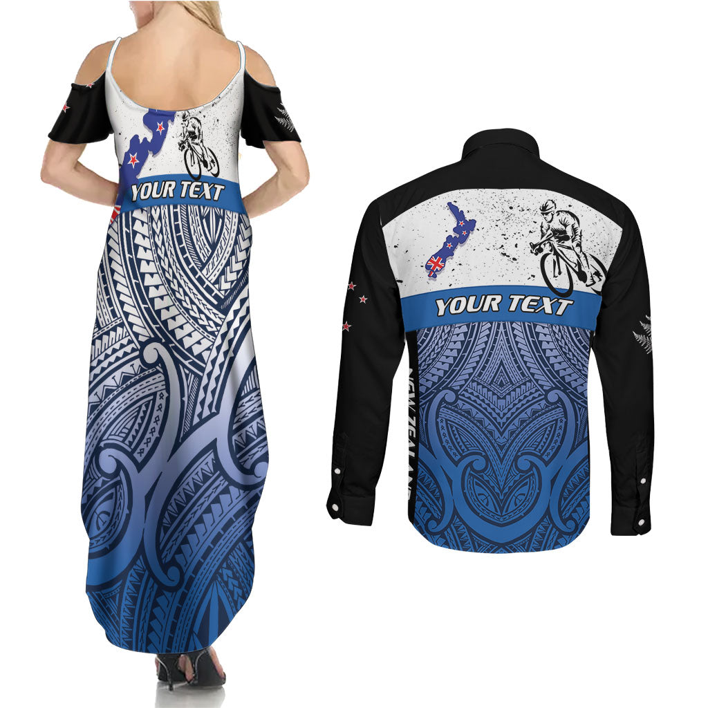 Personalised Cycling New Zealand Couples Matching Summer Maxi Dress and Long Sleeve Button Shirt Aotearoa Map Fern Maori Pattern