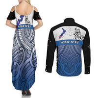 Personalised Cycling New Zealand Couples Matching Summer Maxi Dress and Long Sleeve Button Shirt Aotearoa Map Fern Maori Pattern