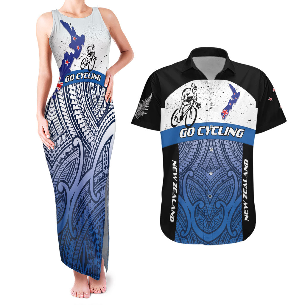 Personalised Cycling New Zealand Couples Matching Tank Maxi Dress and Hawaiian Shirt Aotearoa Map Fern Maori Pattern
