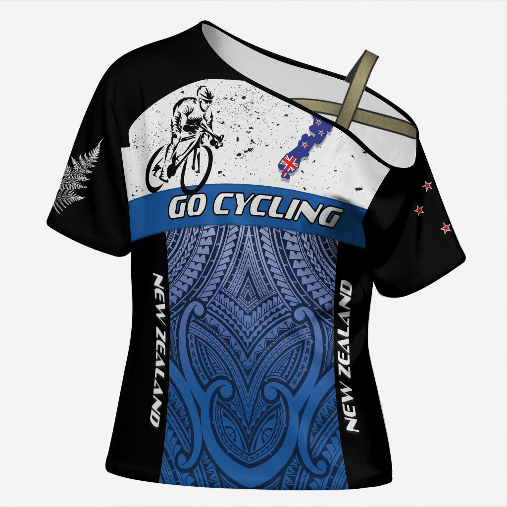 Personalised Cycling New Zealand Cross Shoulder Shirt Aotearoa Map Fern Maori Pattern