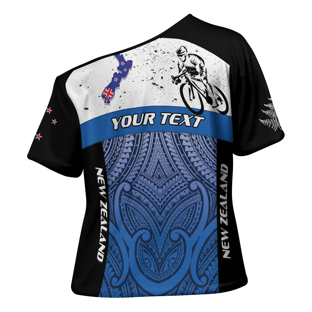 Personalised Cycling New Zealand Cross Shoulder Shirt Aotearoa Map Fern Maori Pattern