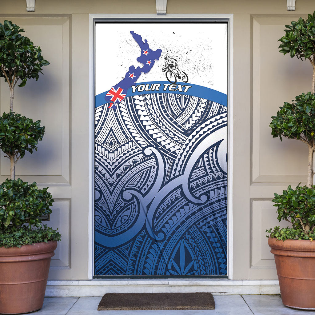 Personalised Cycling New Zealand Door Cover Aotearoa Map Fern Maori Pattern