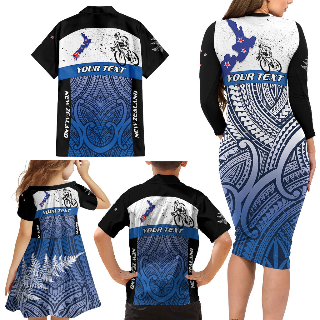 Personalised Cycling New Zealand Family Matching Long Sleeve Bodycon Dress and Hawaiian Shirt Aotearoa Map Fern Maori Pattern