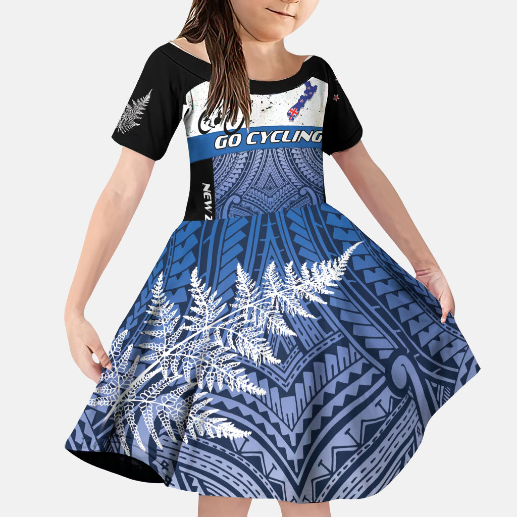 Personalised Cycling New Zealand Family Matching Mermaid Dress and Hawaiian Shirt Aotearoa Map Fern Maori Pattern LT22 Daughter's Dress Blue - Polynesian Pride