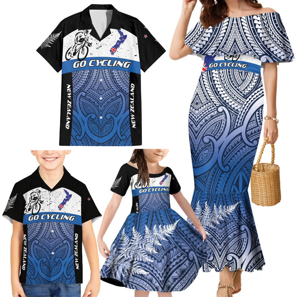 Personalised Cycling New Zealand Family Matching Mermaid Dress and Hawaiian Shirt Aotearoa Map Fern Maori Pattern LT22 - Polynesian Pride
