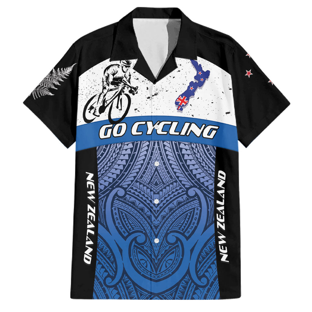 Personalised Cycling New Zealand Family Matching Mermaid Dress and Hawaiian Shirt Aotearoa Map Fern Maori Pattern LT22 Dad's Shirt - Short Sleeve Blue - Polynesian Pride